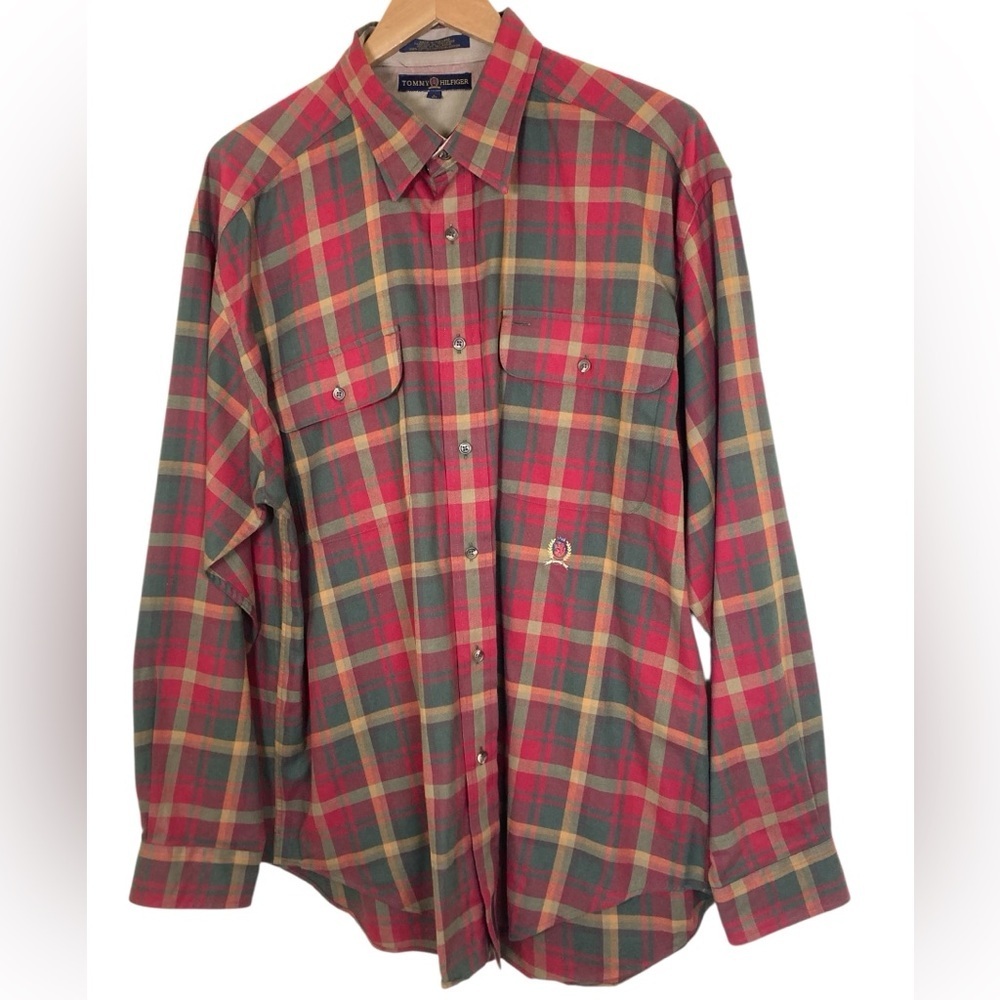 Vintage 90s Tommy Hilfiger Plaid Button Up Shirt Crest Logo Large 100% Cotton